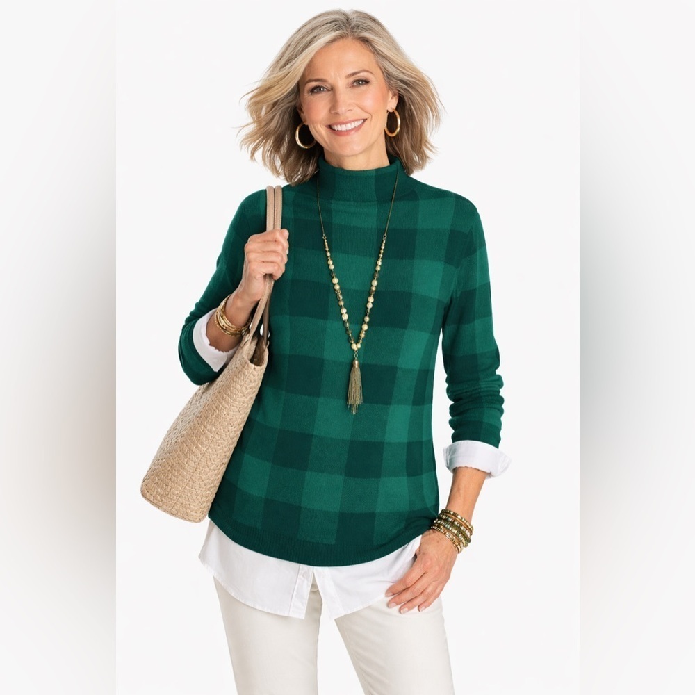 Isaac Mizrahi Live! Womens Sweater XS Green Plaid Layered Look Mock Neck Holiday